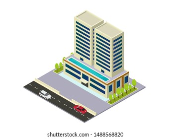 vector isometric hotel, apartment,or skyscraper building, isolation on white
