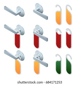 Vector isometric hotel handles with hanging signs. Set of Blank Paper Plastic Door Handle Lock Hangers Isolated on Background