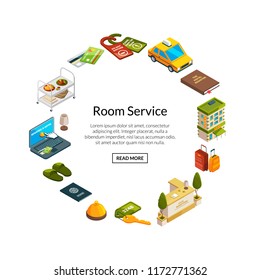 Vector isometric hotel icons in circle shape with place for text illustration