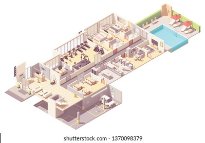 Vector isometric hotel interior cross-section. Hotel rooms and suit, reception, fitness gym, breakfast area, kitchen, laundry room, parking garage and outdoor pool