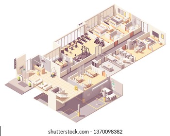 Vector isometric hotel interior cross-section. Hotel rooms and suit, reception, fitness gym, breakfast area, kitchen, laundry room, underground parking garage