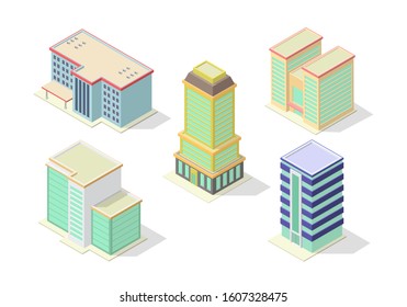 vector isometric hotel, office, apartment, or skyscrapers buildings icon set