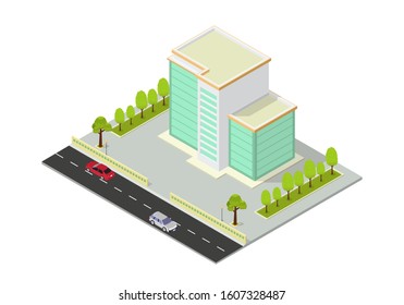 vector isometric hotel, office, apartment, or skyscraper building, isolation on white