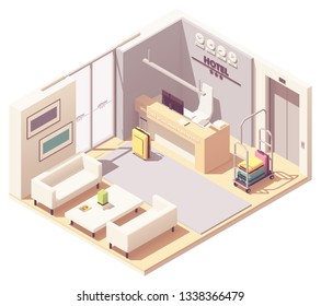 Vector isometric hotel reception or lobby interior cross-section with hotel entrance, receptionist desk, waiting area, elevator and luggage cart with bags