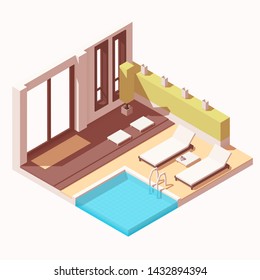 Vector isometric hotel resort outdoor pool lounge cutaway icon.