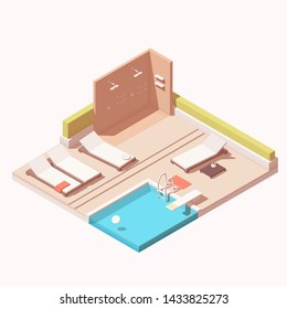 Vector isometric hotel resort outdoor pool lounge with shower and pool chaise lounges