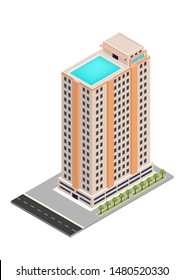 vector isometric hotel or skyscraper building, isolation on white