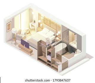 Vector isometric hotel suite interior cross-section. Hotel room with double bed, big window, tv, bathroom, bathtub and toilet, cabinet and other furniture