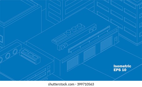 Vector isometric house in the city garage outline schematic design