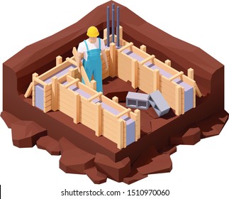 Vector isometric house construction site. House builder working on new cement or concrete foundation of the buildings with wooden formwork