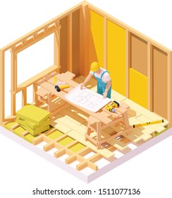 Vector isometric house construction site. Wooden logs framing, builder with house plan blueprint, insulation materials for walls and wooden floor