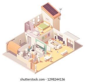 Vector Isometric House Cross-section, Garage, Kitchen, Living Room, Bedroom And Bath. Electronics, Appliances And Smart Home Devices