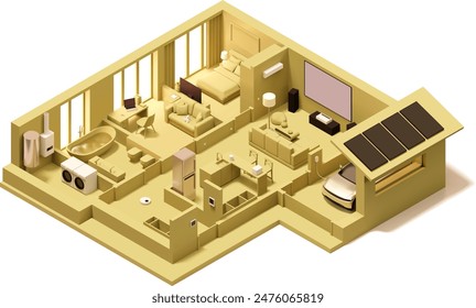 Vector isometric house cross-section illustration. Modern smart home plan. Modern technologies. Garage with electric vehicle, kitchen, living room, bedroom and bath. Solar panels on the roof, electron