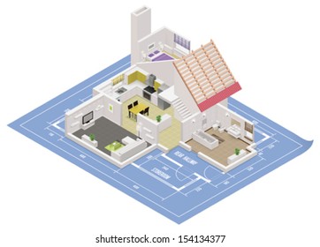 Vector isometric house cutaway icon. Building cross-section includes rooms and roof placed on the blueprint