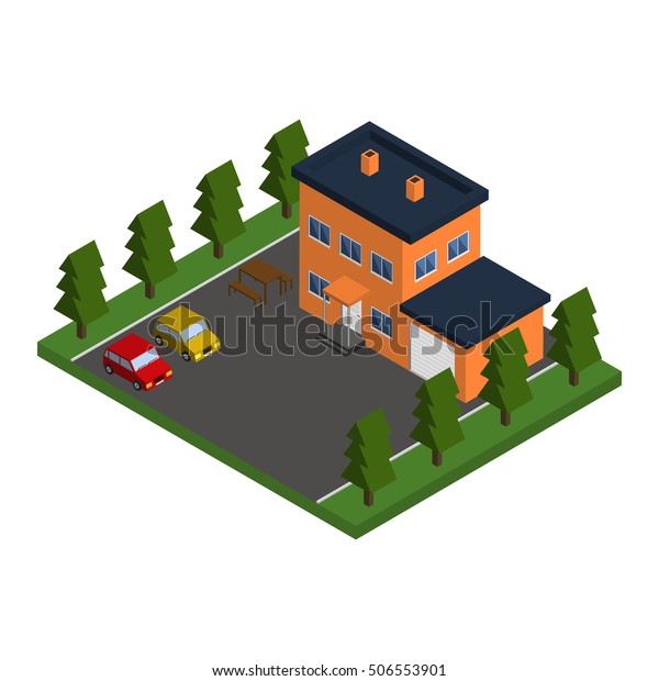 Vector\
isometric house with garage and cars at the\
site.