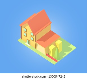Vector isometric house with garage and lawn. Near trees and bushes grow.