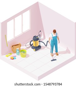 Vector isometric house or home cleaning after renovation and construction. Man with industrial vacuum cleans builders dust and preparing to wash the floor with detergents and mop