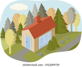 Vector isometric house icon. Illustration of a rustic family house in the woods. Lots of trees around. Country life. Environmentally friendly and away from civilization.