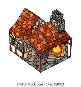 Vector isometric house. Old European blacksmith medieval german traditional style. Vector isolated object on white background. Clipart building for infographics and mobile games assets.