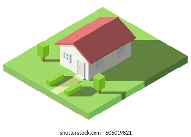 Vector Isometric of House on the grass with garden for Icon, Infographic design.