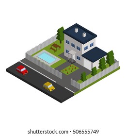 Vector isometric house on the plot with swimming pool.