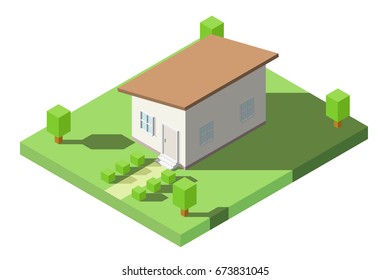 Vector Isometric of House with orange lean roof on the grass with garden for Icon, Infographic design.