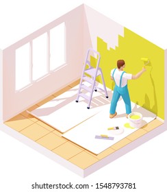 Vector isometric house painter or worker painting room wall using paint roller. Ladder, bucket of bright paint, floor protection covering