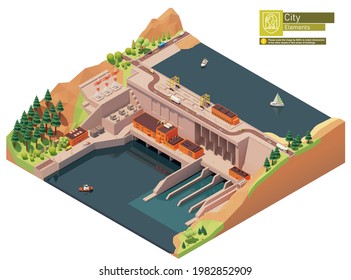 Vector isometric hydroelectric power station. Hydro power station dam on the river. Hydroelectric power plant with power lines