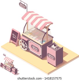 Vector isometric ice cream kiosk or cart stand. Retro design with wooden wheel, pink awning, ice cream refrigerator, cash register, credit card payment terminal