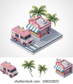 Vector isometric ice cream store building and truck