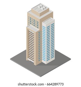 Vector isometric icon apartment building city infrastructure, architecture 3d element representing low poly building  for city map creation.