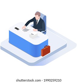 Vector isometric icon businessman chief in a suit sits at a table next to a suitcase and examines documents