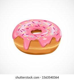 Vector isometric icon of Donut with pink glaze and colorful decorative sprinkles isolated on white background. Cartoon flat hand drawn sweet dessert for menu, sweet shop, National Donut Day poster.  