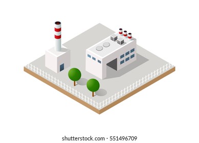 Vector isometric icon of factory infrastructure element industrial landscape and garbage recycling plant with buildings and trees