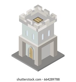 Vector isometric icon of the fortress tower of the medieval castle. 3d element representing low poly structure.