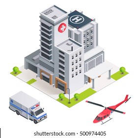 Vector Isometric Icon. Hospital, Ambulance And Helicopter