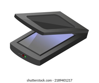 Vector isometric icon or illustration of open document A3 or A4 flat bed or flatbed scanner that scans images and documents. A computer peripheral isolated on a white background. Print office scanner.