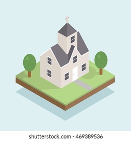 Vector isometric icon or info graphic element representing low poly old Christian Church building on grass