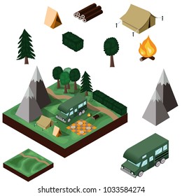 	
Vector Isometric icon or infographic element representing tourist trailer camping, camping and travel equipment, car, camper, tent and mountin