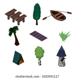 Vector Isometric icon or infographic element representing tourist, camping and travel, beach and campin icons