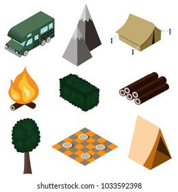 Vector Isometric icon or infographic element representing tourist trailer camping, camping and travel equipment, car, camper - stock vector