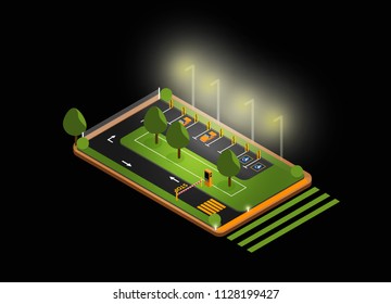 Vector isometric icon or infographic element, which is a low-poly parking for cars