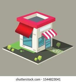 Vector isometric icon or infographic element representing low poly cafe building or store .Vector Illustration