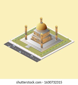 Vector isometric icon or infographic element representing low poly mosque building with minaret.