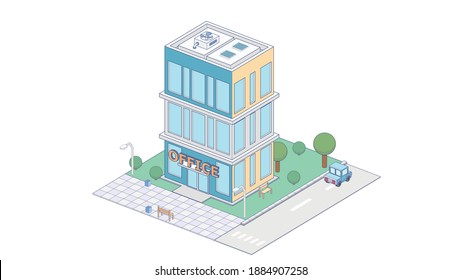 Vector isometric icon or infographic element representing city office building with cars and trees on the street. Isometric concept of office building