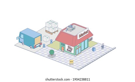 Vector isometric icon or infographic element representing supermarket building with parking lot, advertising signs and supermarket carts. Isometric concept of supermarket