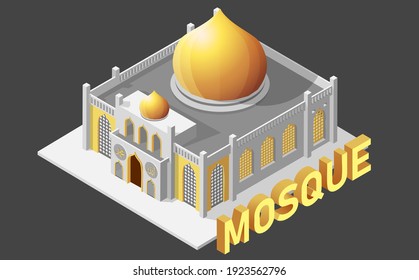 Vector isometric icon or infographic element representing low poly mosque building with minaret. 3d isometric mosque for ramadan design.