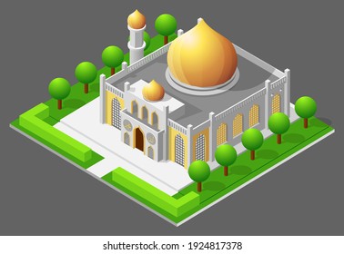 Vector isometric icon or infographic element representing low poly mosque building with minaret. 3d isometric mosque for ramadan design.