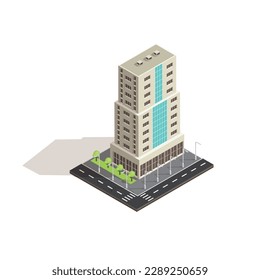 Vector isometric icon or infographic element representing low poly city apartment buildings with street for city map creation, white background editable vector.
