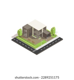 Vector isometric icon or infographic element representing house building,low poly luxury villa with garden for city map creation, white background editable vector.